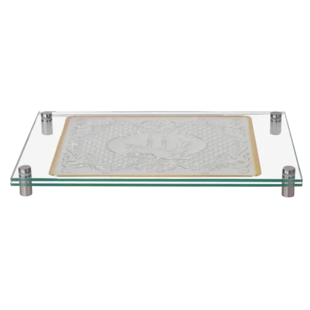 Glass Challah Board with Silver Shabbos Plate - Gold Rim