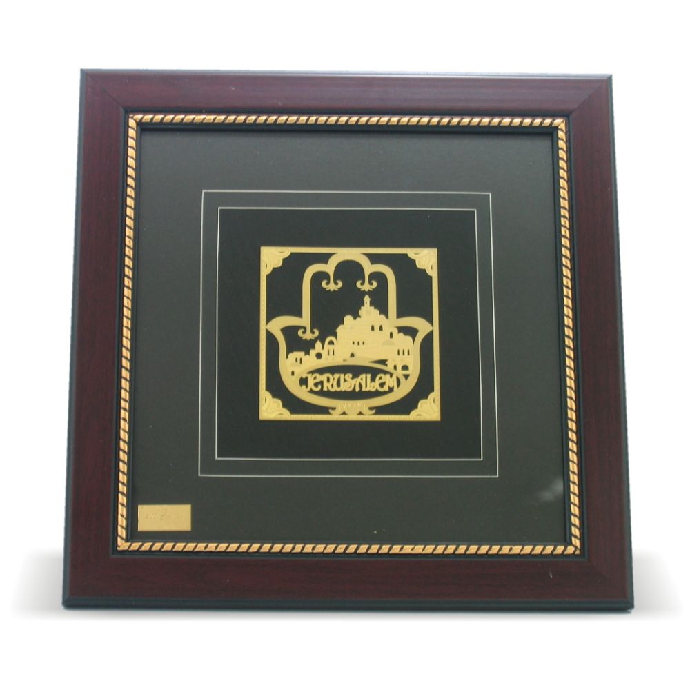 Golden Plate In Glass Frame -Hamsa 32*32Cm
