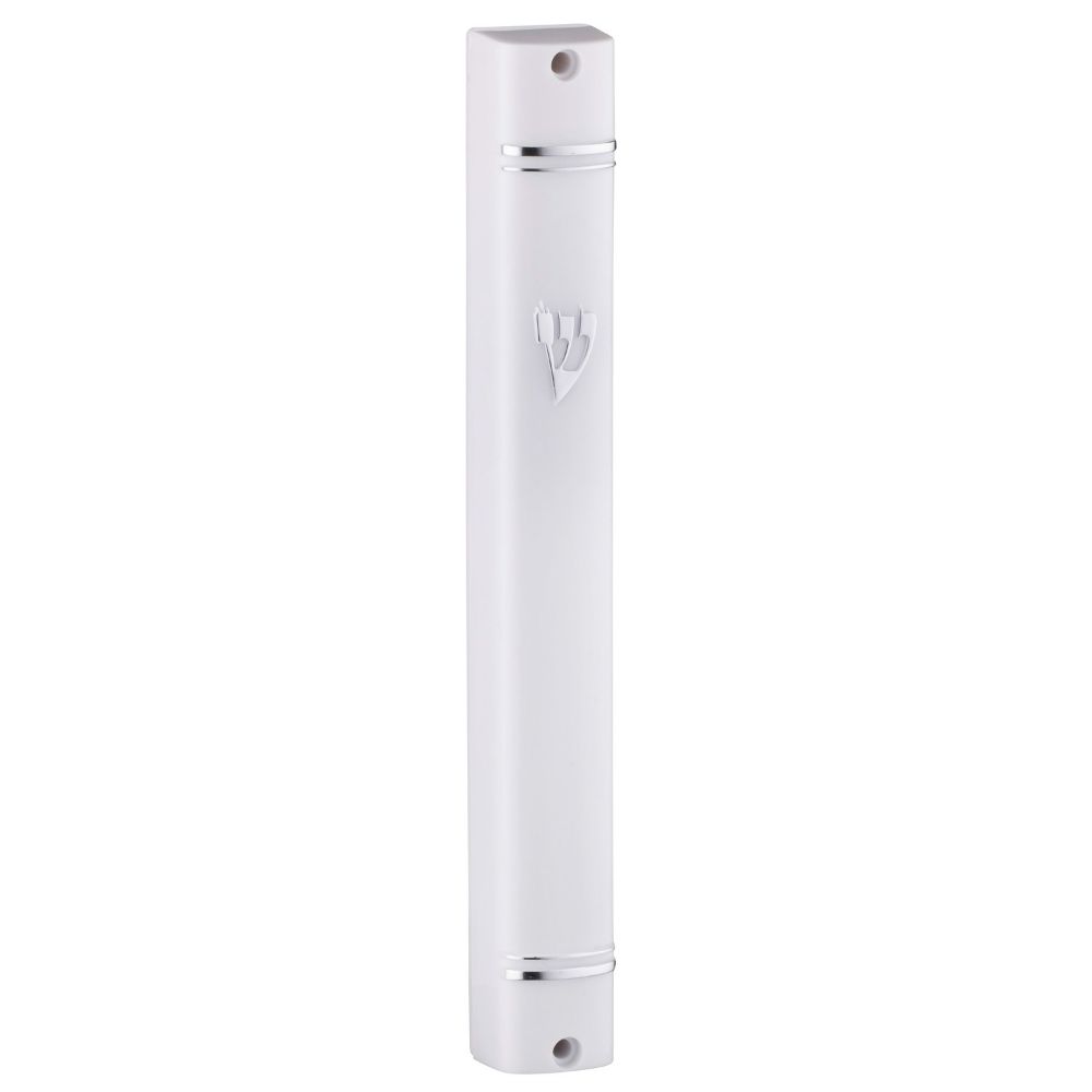 Plastic Mezuzah White With Back Opening Silver Shin 10 cm