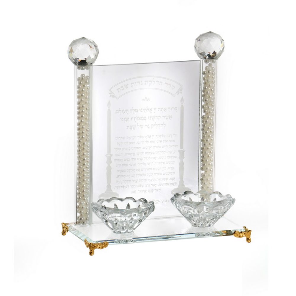 Crystal Candlesticks on Mirror Tray with Gold Legs