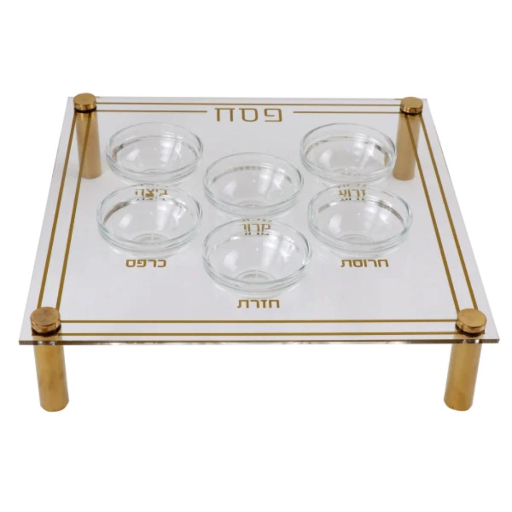 Modern Acrylic Seder Plate with Gold Design & Legs  - 6 Glass Bowls