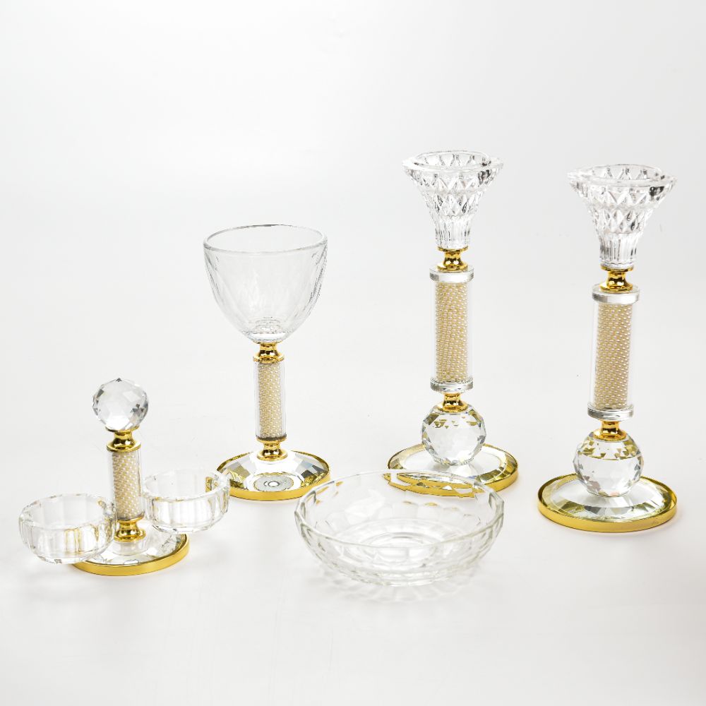 Set of Crystal Cup & tray + Crystal Salt Holder + 2 Crystal Candlesticks - Gold Plated