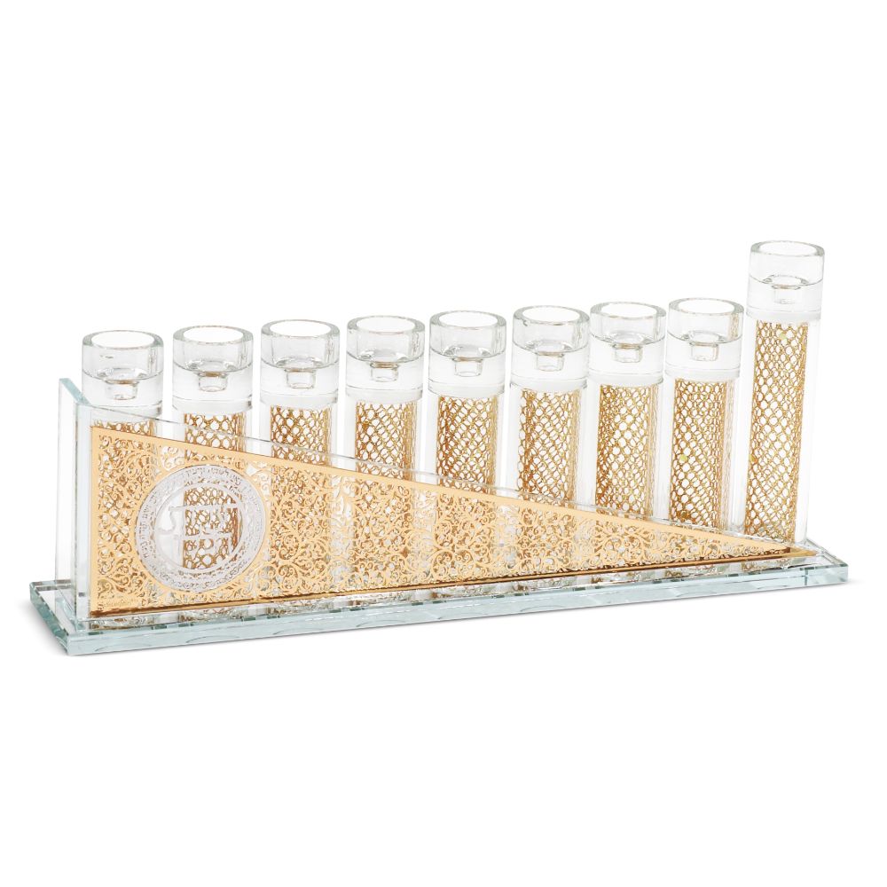 Crystal Menorah with Silver & Gold Blessing Plates and Gold Fillings