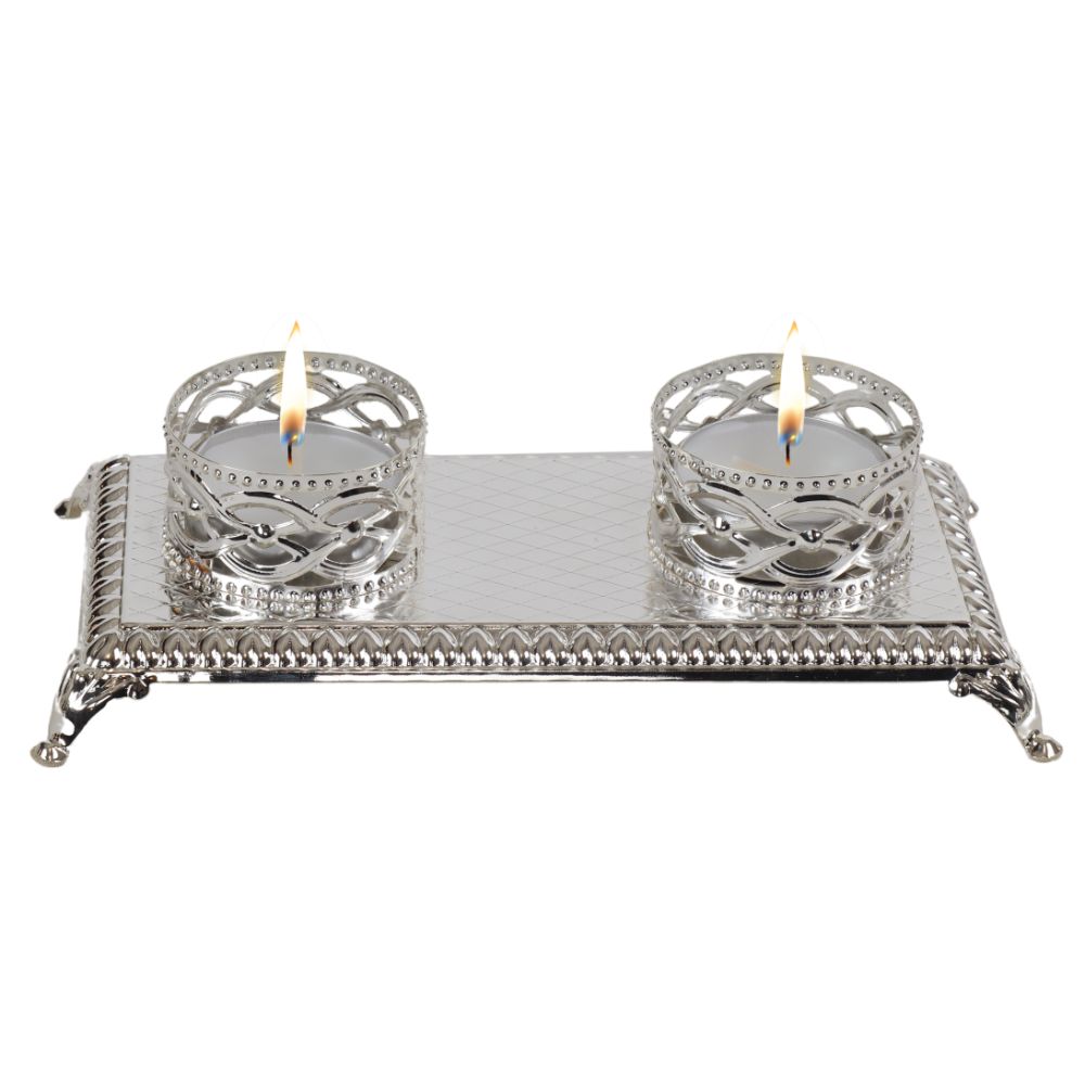 Silver Plated Double Tealight Candle Holder - Traditional Design