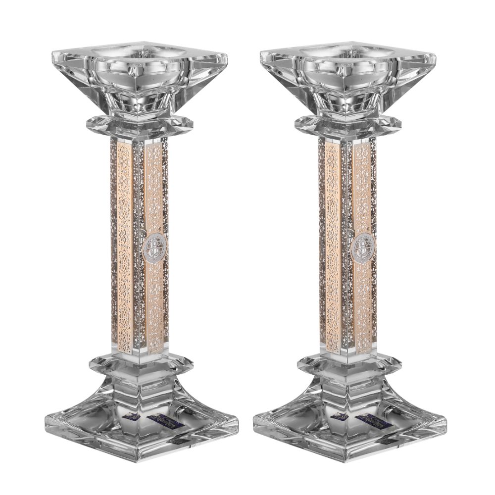 Set of Crystal Candlesticks with Gold Plate on 4 Sides