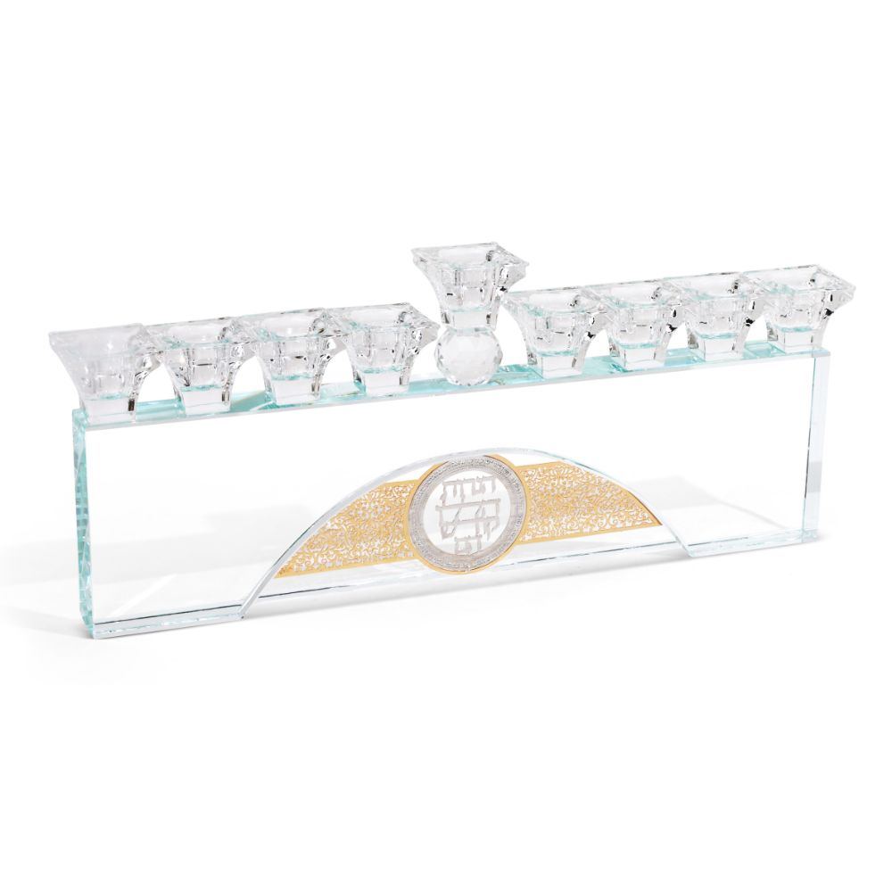 Crystal Menorah with Silver & Gold Blessing Plates