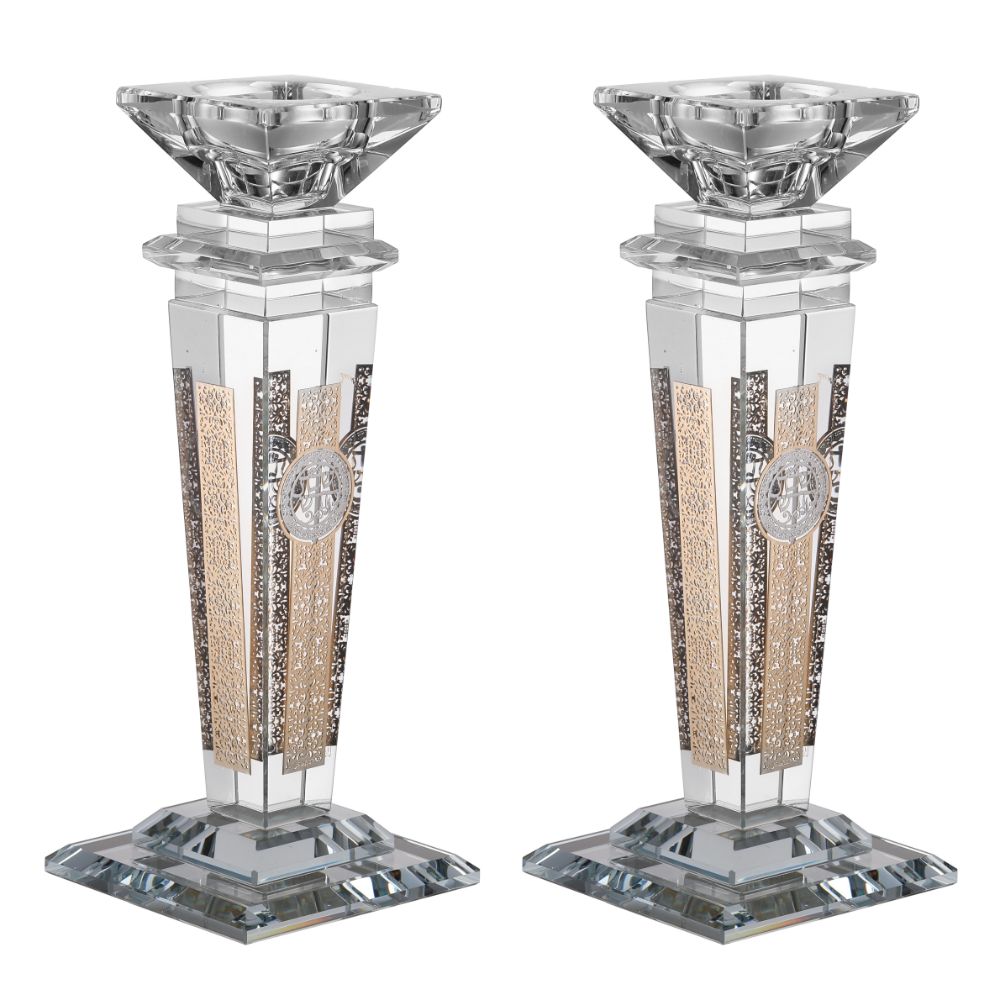 Set of Crystal Candlesticks with Gold Plate on 4 Sides 8.5"