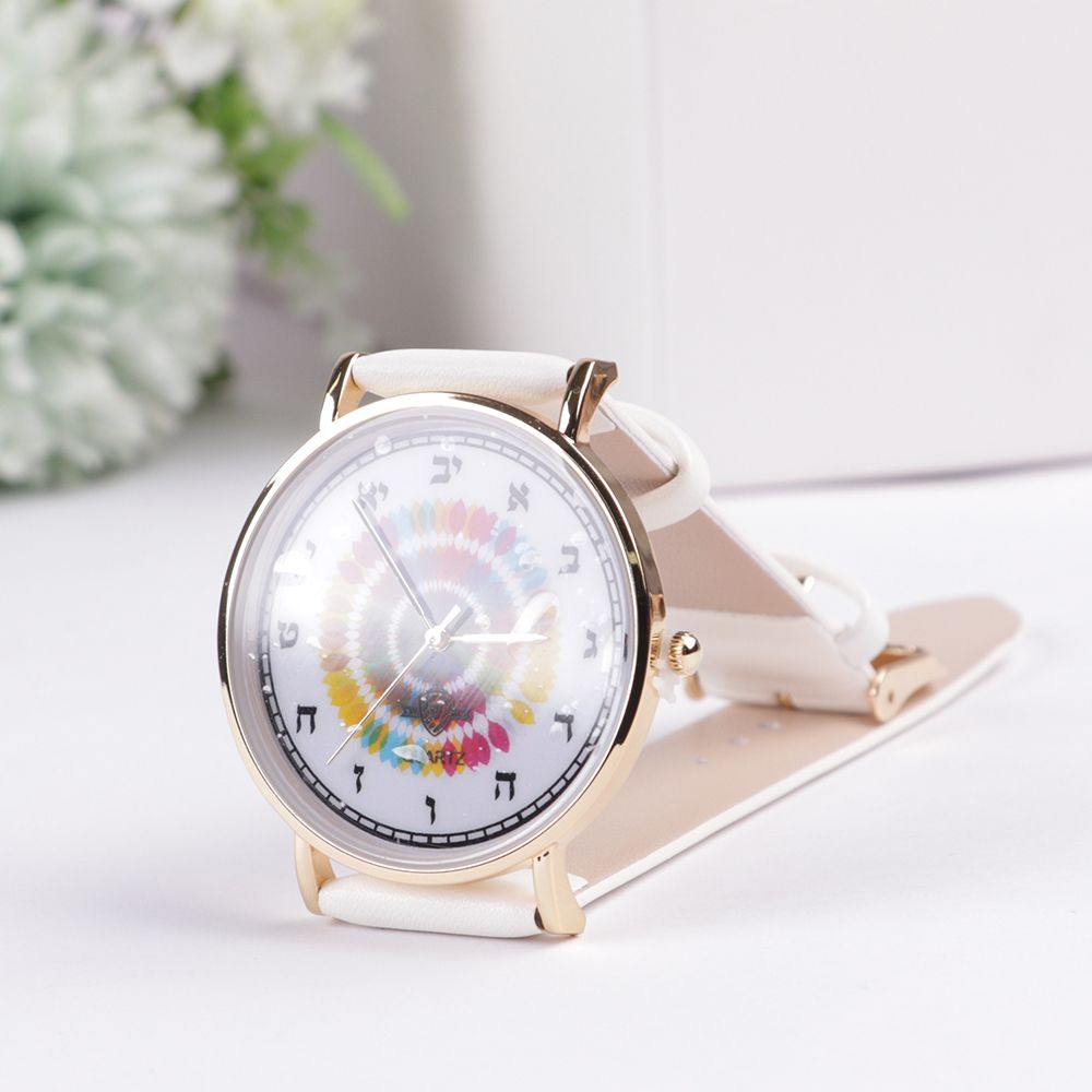 "Watch with Aleph Bais" White Handle Green Designed face Gold rim