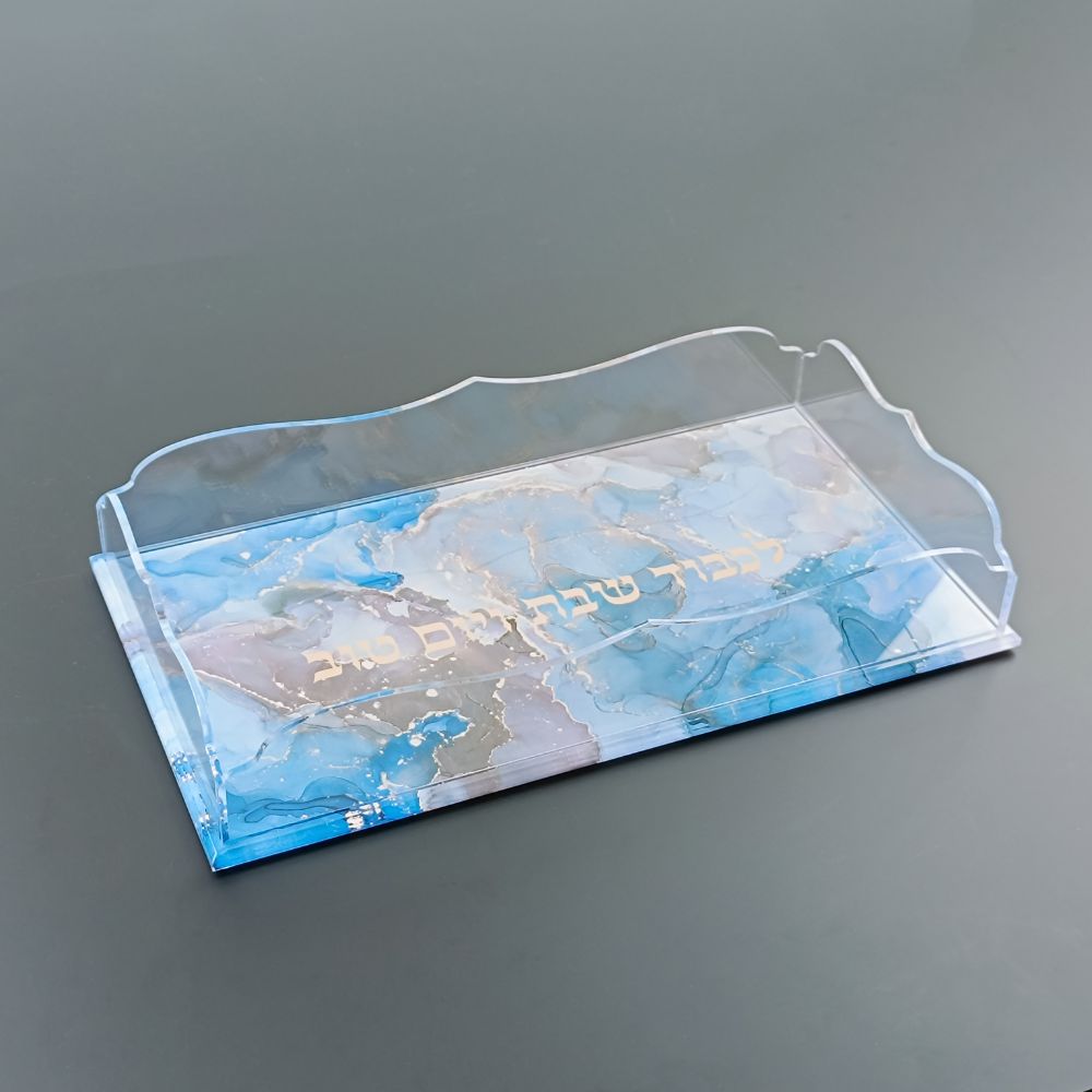 Acrylic Challah Tray - Blue Marble Design