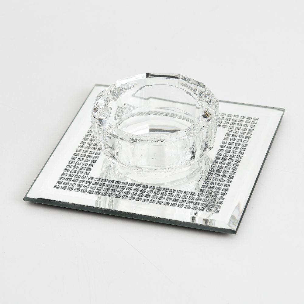 Crystal Candle Holder With Silver Glitter Print 3.5"