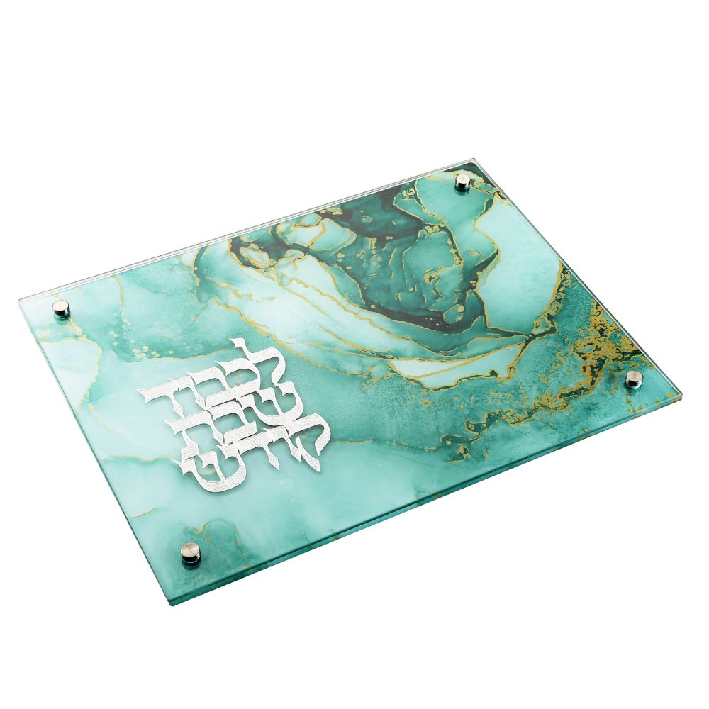 Teal Marble Challah Board with Silver Metal Plate 11x15"