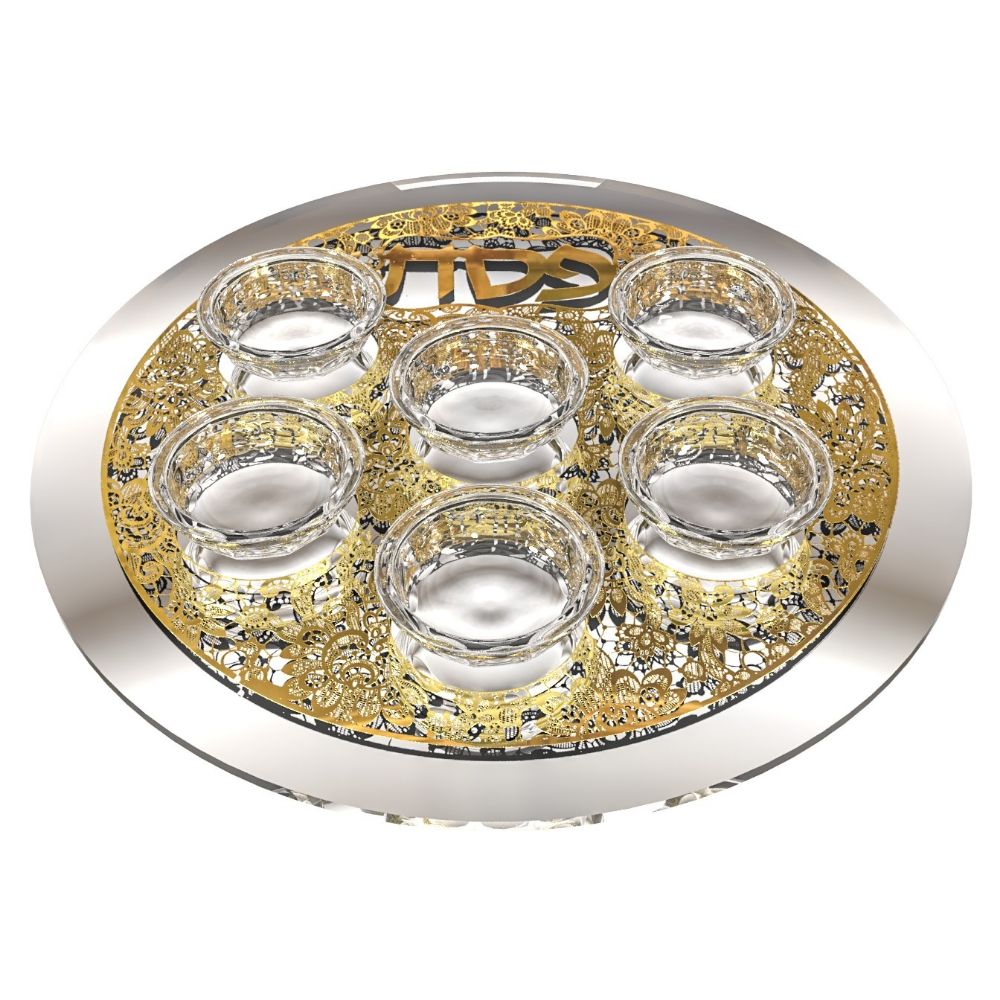 Mirror And Glass Seder Plate With Gold Floral Plate