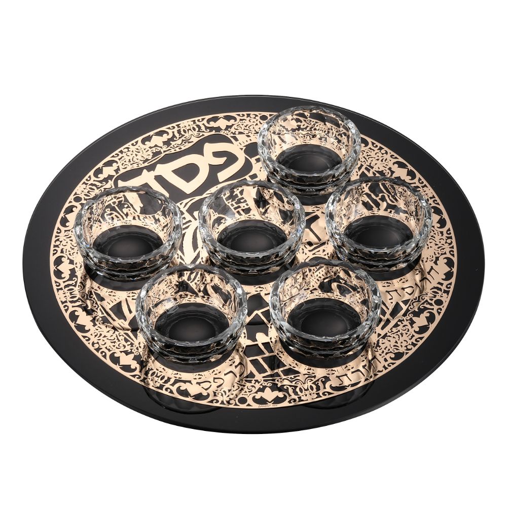 Crystal black Seder Plate With Gold Jerusalem Design - 6 Bowls - 13"
