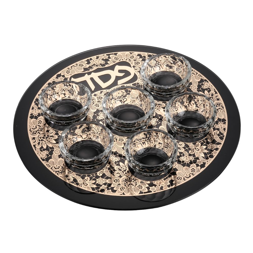 Crystal black Seder Plate With Gold Floral Design - 6 Bowls - 13"