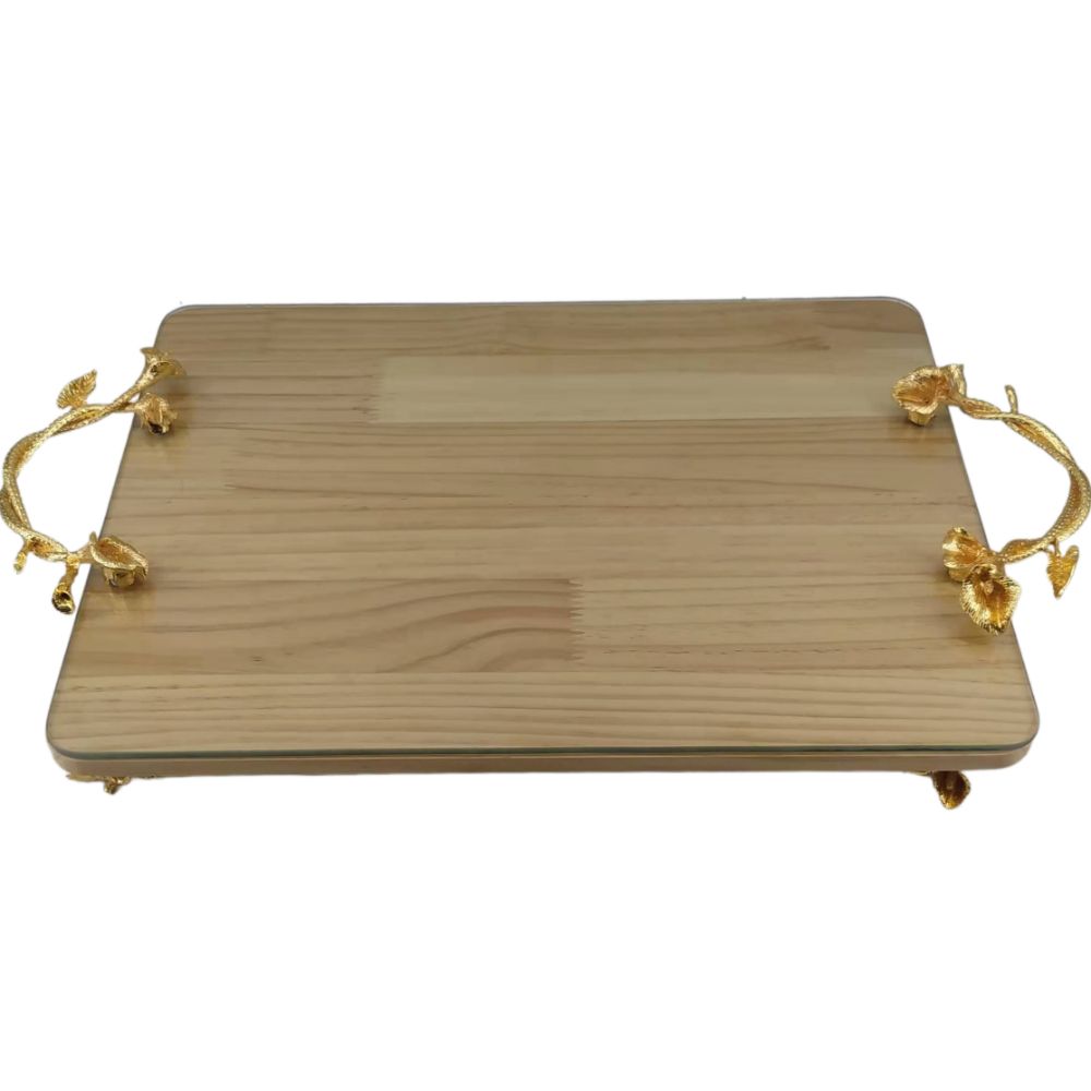 Gold tray rectangle leaves wood with glass 12"x15"