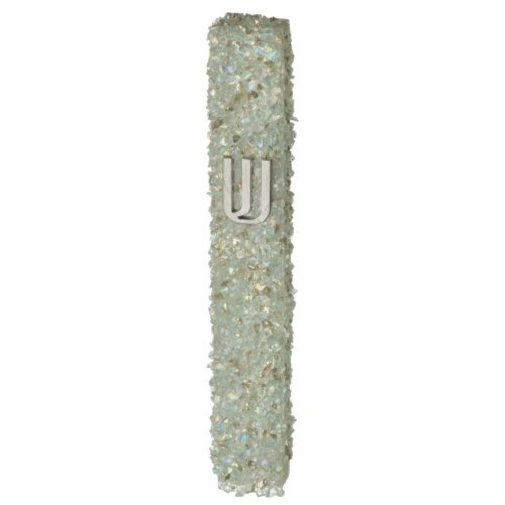 Gray - White Glass Mezuzah With Stones 12 Cm