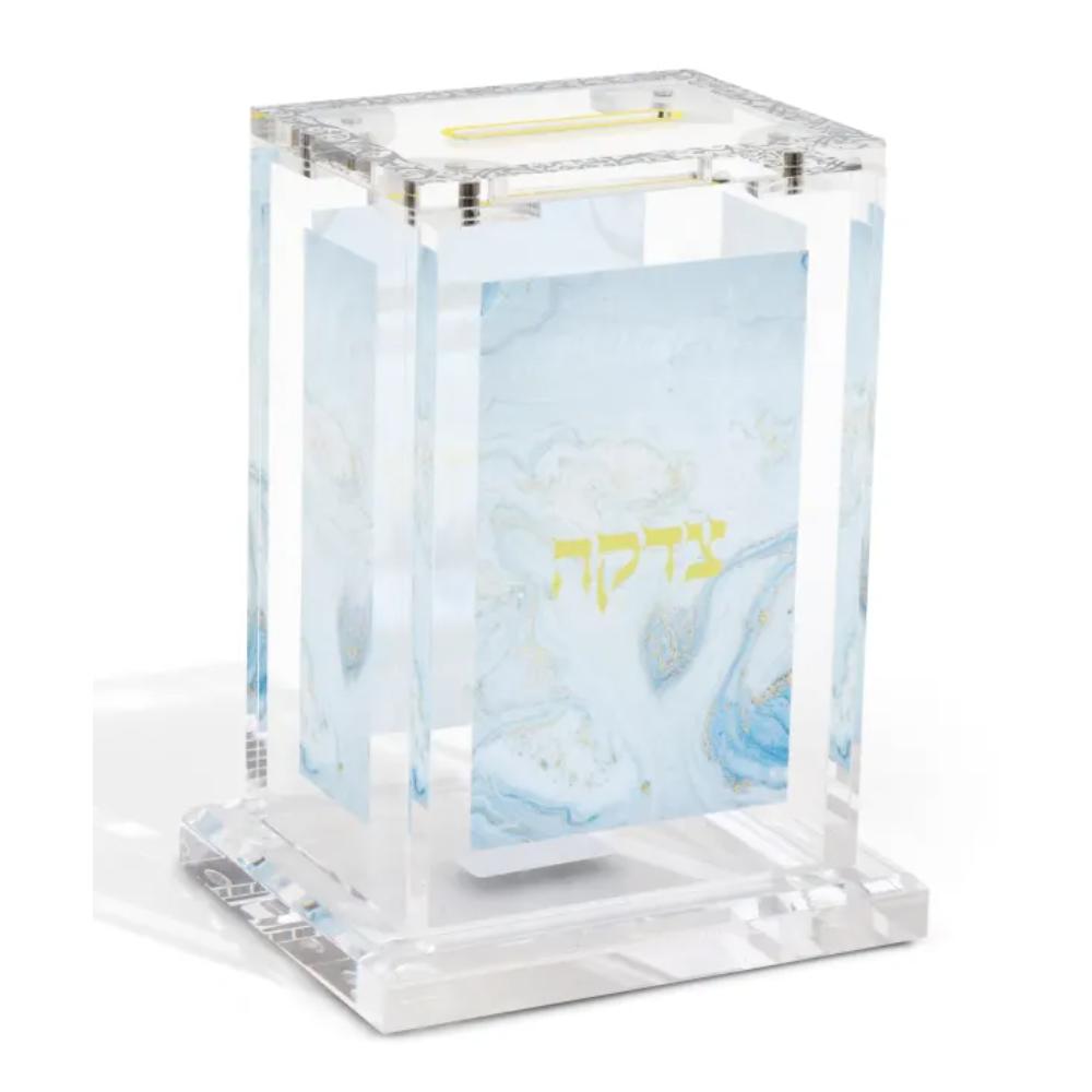 Acrylic Tzedakah Box with Blue Marble & Gold Design 4"x2.75"x2"