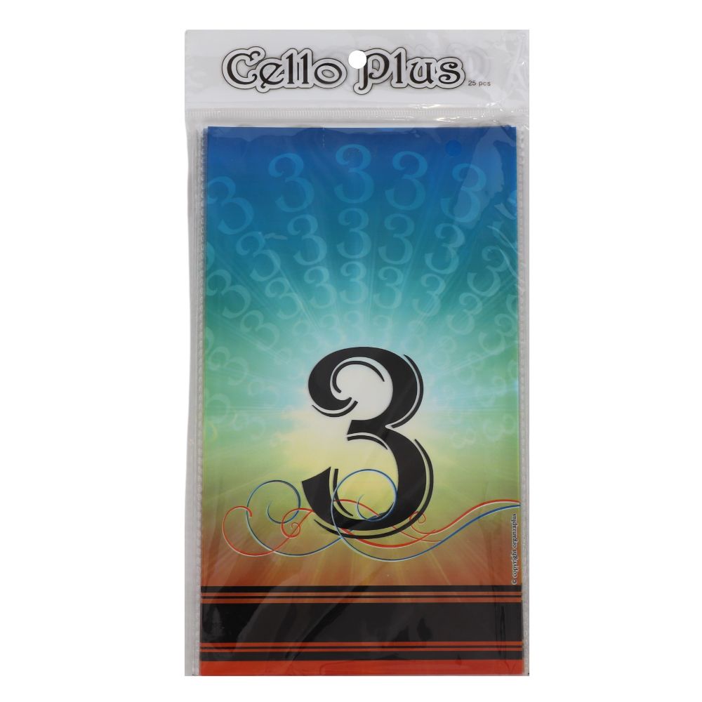 25 Upsherin Colorful "3" Cellophane Bags  -  6"x9.5"