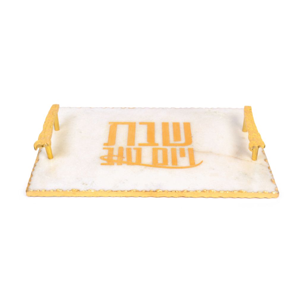 White Marble Bread Tray with gold printing, gold handles and gold foiling