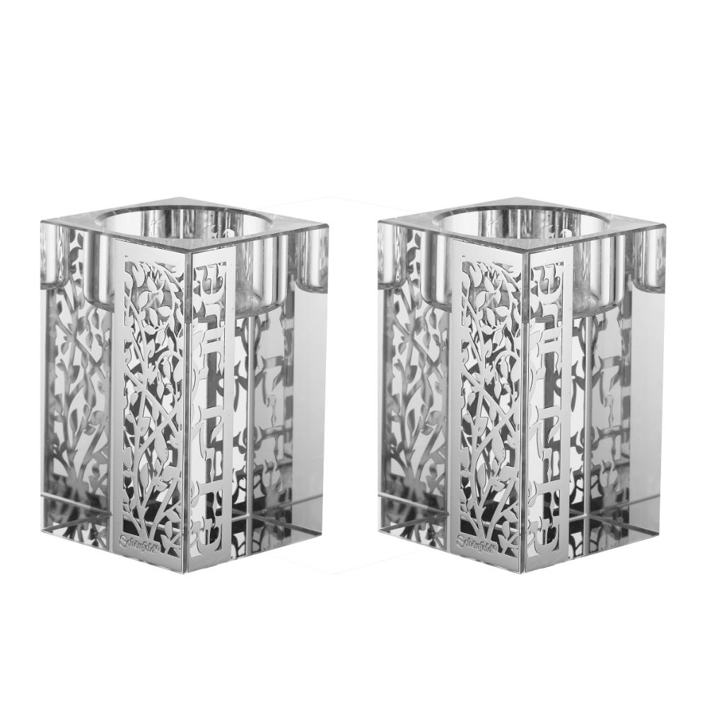 Set of Crystal Tealight Candle Holders 4 Silver Plates Leaves Design
