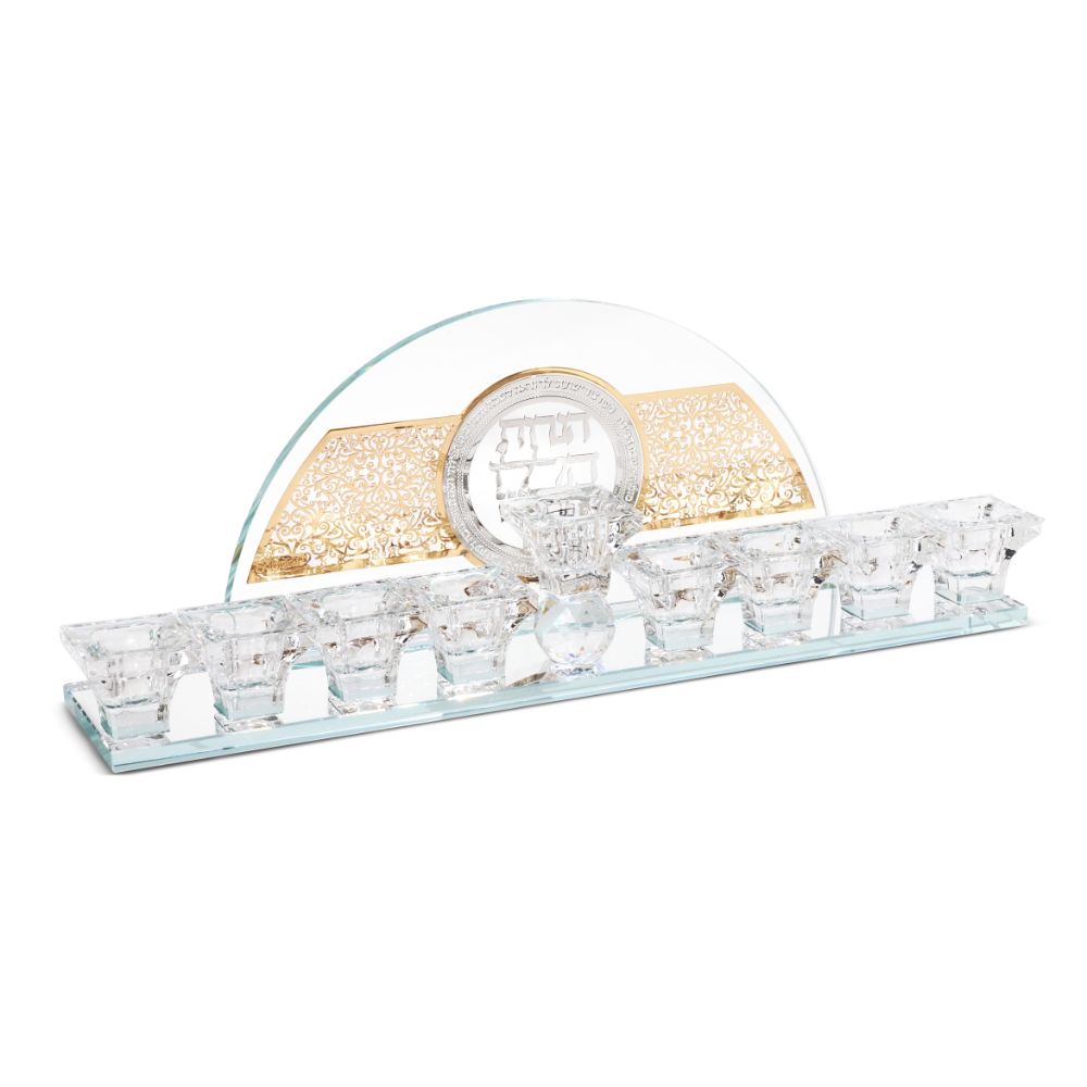 Crystal Menorah with Silver & Gold Blessing Plates