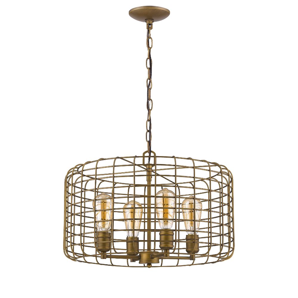 Acclaim Lighting IN11330RB Lynden 4-Light Raw Brass Drum Pendant With Wire Cage Shade
