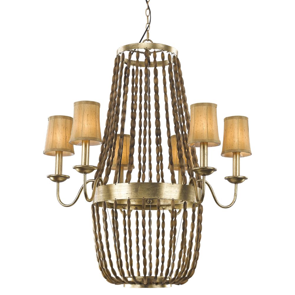 Acclaim Lighting IN11405AGL Anastasia 12-Light Antique Gold Leaf Chandelier With Wooden Beaded Chains And Gold Fabric Shades