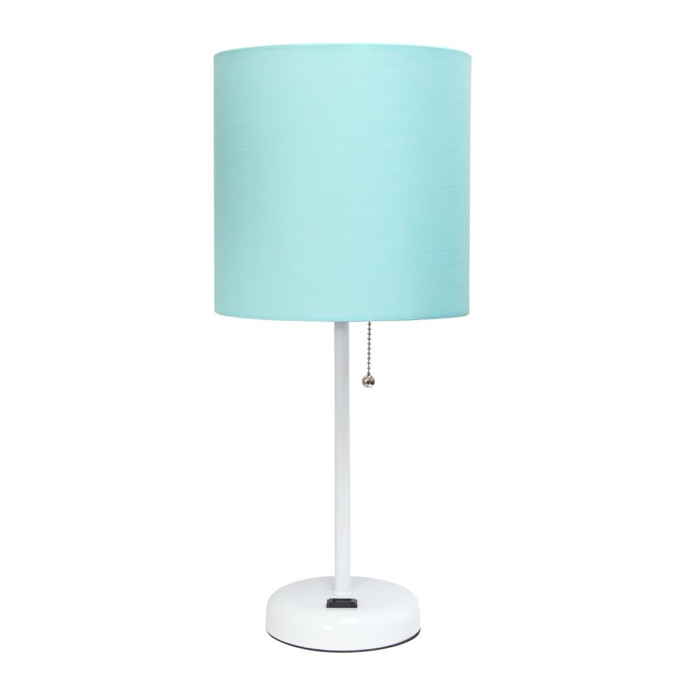 All The Rages CWT-2008-AW Creekwood Home Oslo 19.5" Contemporary Bedside Power Outlet Base Standard Metal Table Desk Lamp in White with Aqua Drum Fabric Shade 