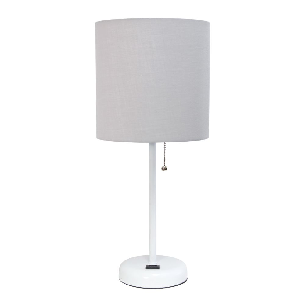 All The Rages CWT-2008-GO Creekwood Home Oslo 19.5" Contemporary Bedside Power Outlet Base Standard Metal Table Desk Lamp in White with Gray Drum Fabric Shade 