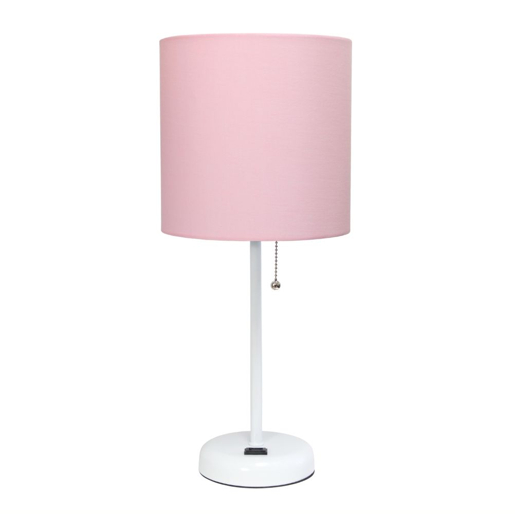 All The Rages CWT-2008-PO Creekwood Home Oslo 19.5" Contemporary Bedside Power Outlet Base Standard Metal Table Desk Lamp in White with Light Pink Drum Fabric Shade 