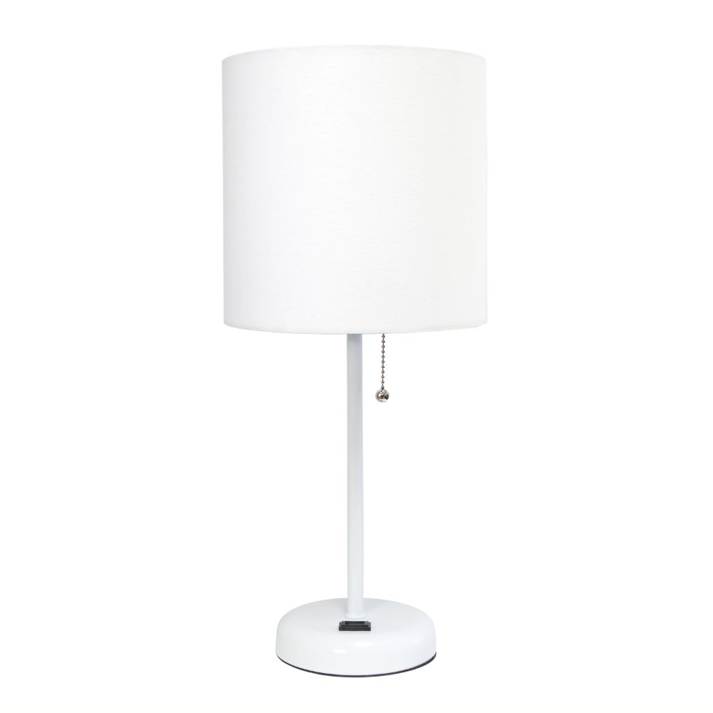All The Rages CWT-2008-WO Creekwood Home Oslo 19.5" Contemporary Bedside Power Outlet Base Standard Metal Table Desk Lamp in White with White Drum Fabric Shade 