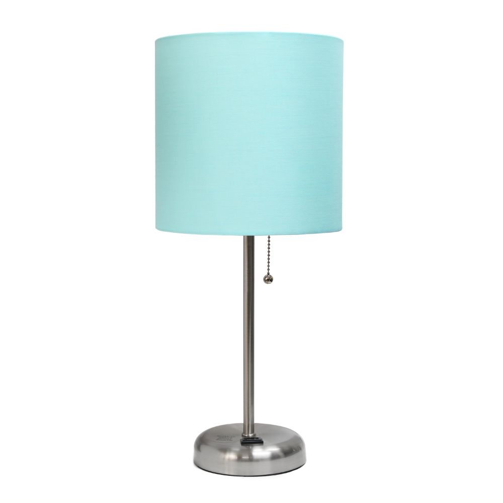All The Rages CWT-2009-AU Creekwood Home Oslo 19.5" Contemporary Bedside Power Outlet Base Standard Metal Table Desk Lamp in Brushed Steel with Aqua Drum Fabric Shade 