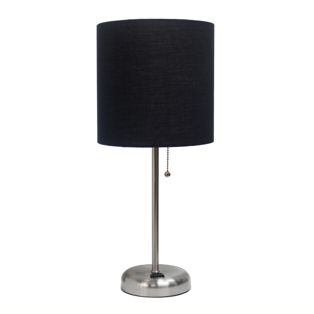 All The Rages CWT-2009-BK Creekwood Home Oslo 19.5" Contemporary Bedside Power Outlet Base Standard Metal Table Desk Lamp in Brushed Steel with Black Drum Fabric Shade 