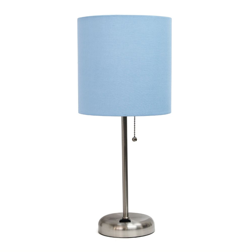 All The Rages CWT-2009-BL Creekwood Home Oslo 19.5" Contemporary Bedside Power Outlet Base Standard Metal Table Desk Lamp in Brushed Steel with Blue Drum Fabric Shade 