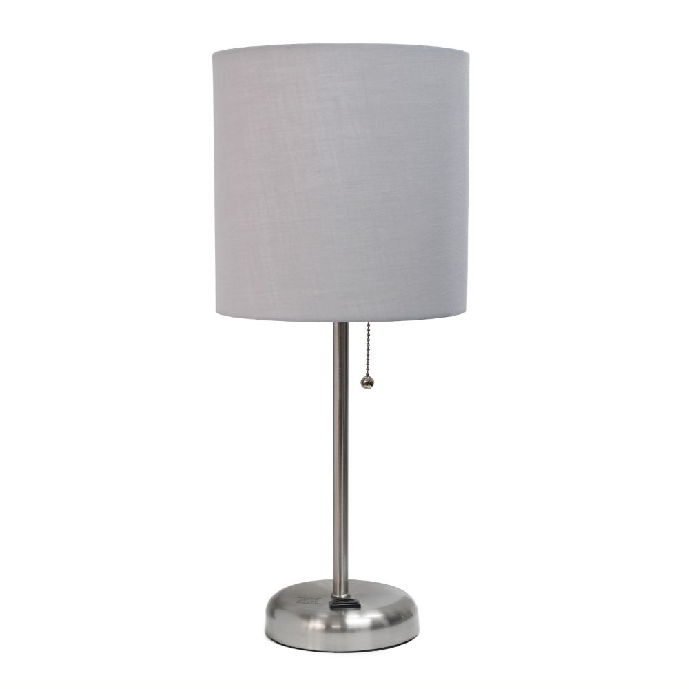 All The Rages CWT-2009-GY Creekwood Home Oslo 19.5" Contemporary Bedside Power Outlet Base Standard Metal Table Desk Lamp in Brushed Steel with Gray Drum Fabric Shade 