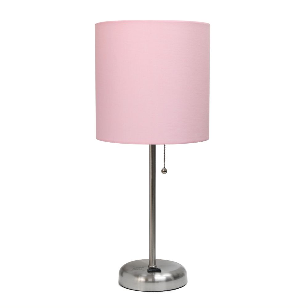All The Rages CWT-2009-LP Creekwood Home Oslo 19.5" Contemporary Bedside Power Outlet Base Standard Metal Table Desk Lamp in Brushed Steel with Light Pink Drum Fabric Shade 
