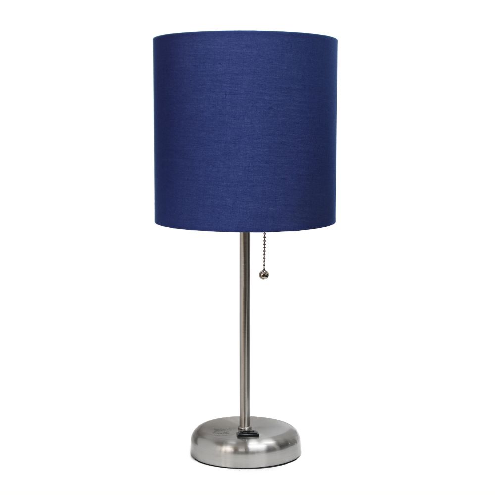 All The Rages CWT-2009-NV Creekwood Home Oslo 19.5" Contemporary Bedside Power Outlet Base Standard Metal Table Desk Lamp in Brushed Steel with Navy Blue Drum Fabric Shade 
