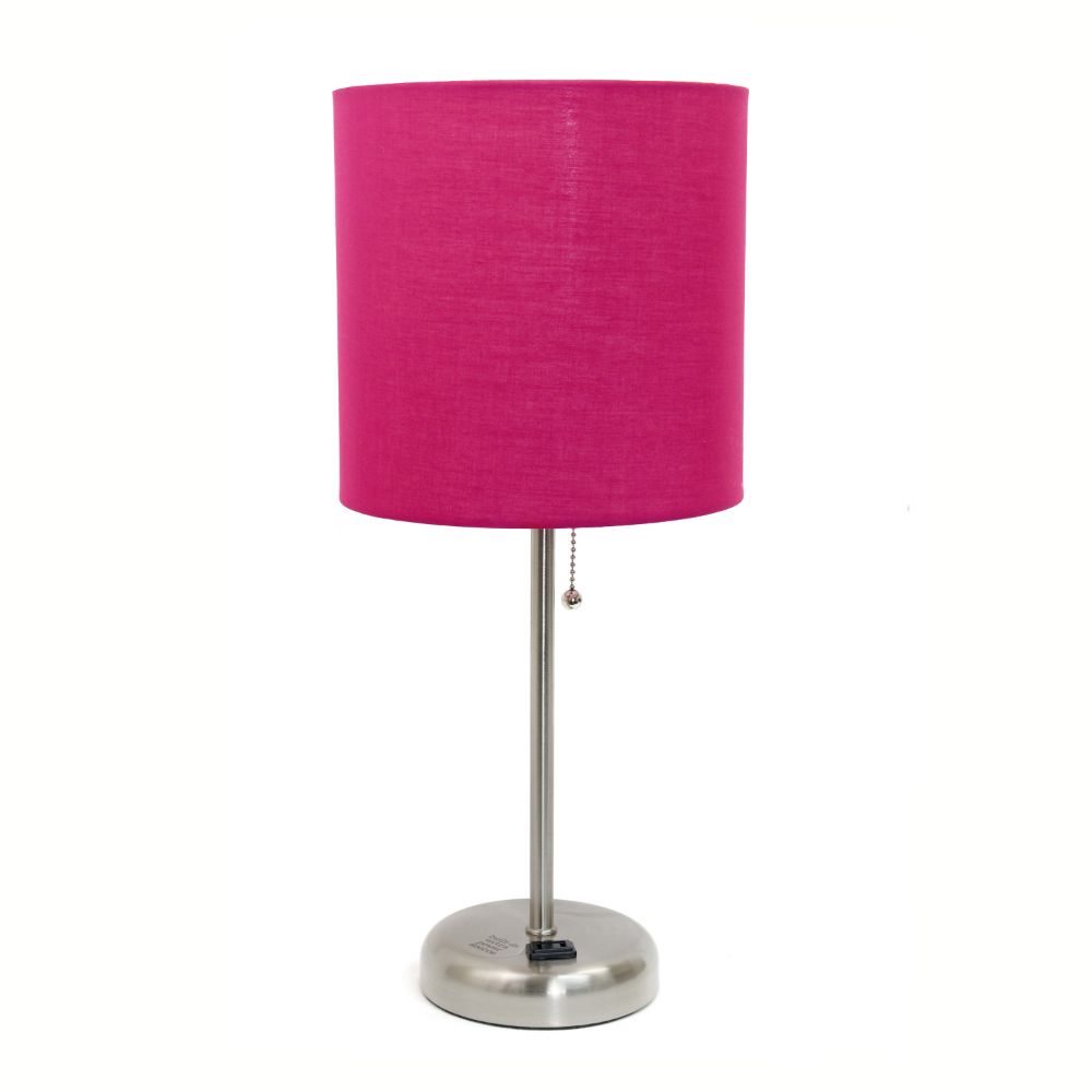 All The Rages CWT-2009-PN Creekwood Home Oslo 19.5" Contemporary Bedside Power Outlet Base Standard Metal Table Desk Lamp in Brushed Steel with Pink Drum Fabric Shade 