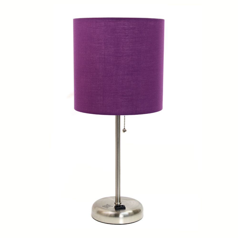 All The Rages CWT-2009-PR Creekwood Home Oslo 19.5" Contemporary Bedside Power Outlet Base Standard Metal Table Desk Lamp in Brushed Steel with Purple Drum Fabric Shade 