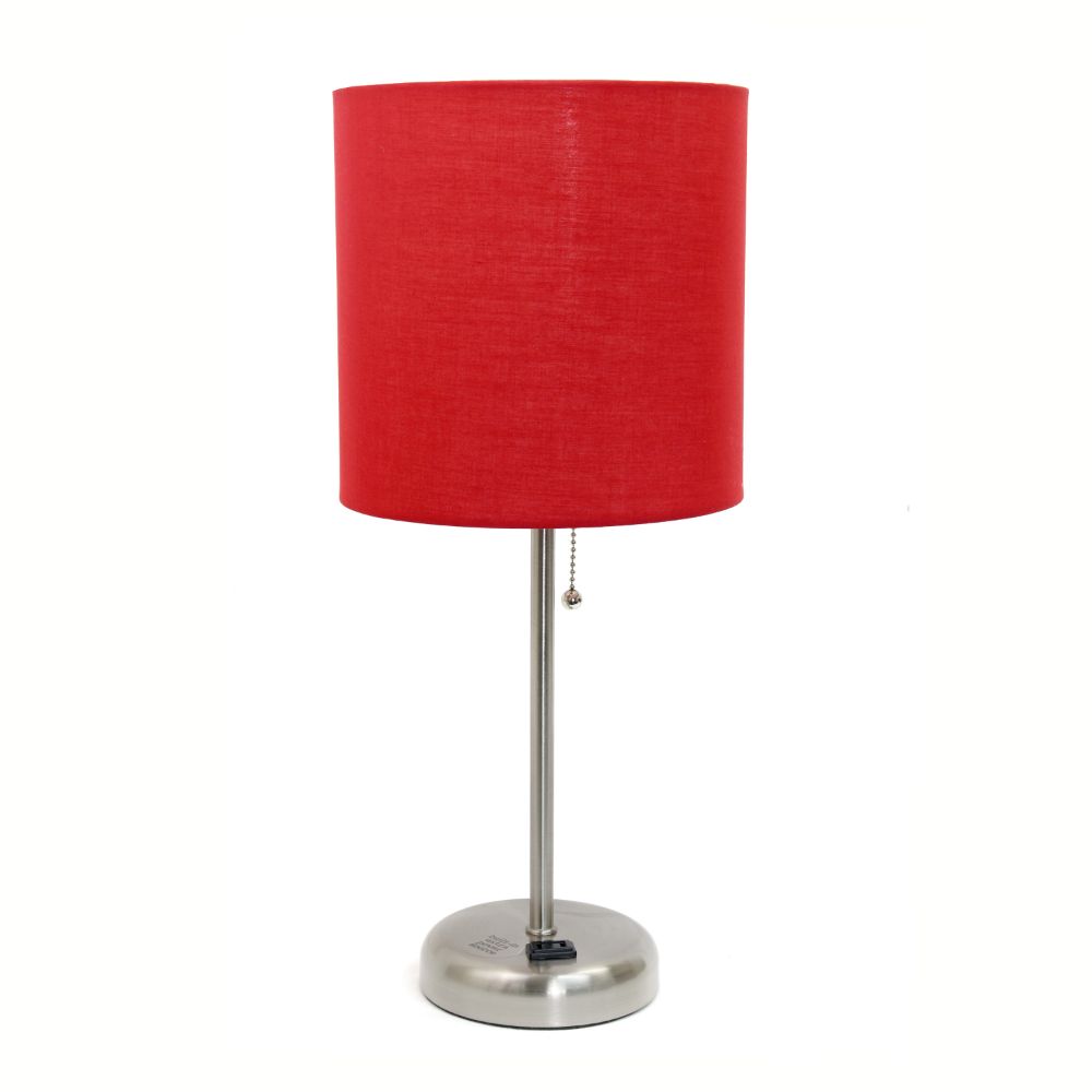All The Rages CWT-2009-RE Creekwood Home Oslo 19.5" Contemporary Bedside Power Outlet Base Standard Metal Table Desk Lamp in Brushed Steel with Red Drum Fabric Shade 