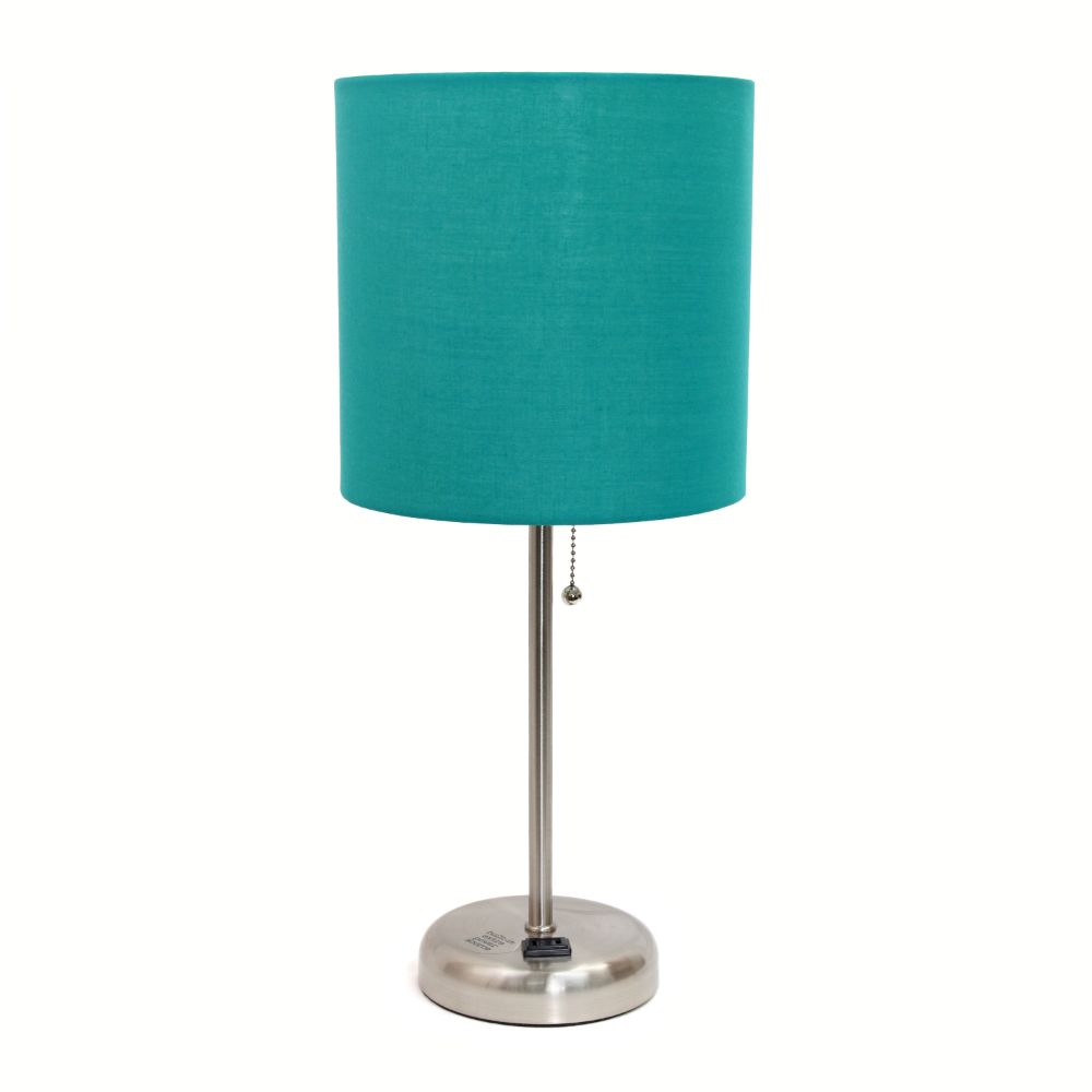 All The Rages CWT-2009-TL Creekwood Home Oslo 19.5" Contemporary Bedside Power Outlet Base Standard Metal Table Desk Lamp in Brushed Steel with Teal Drum Fabric Shade 