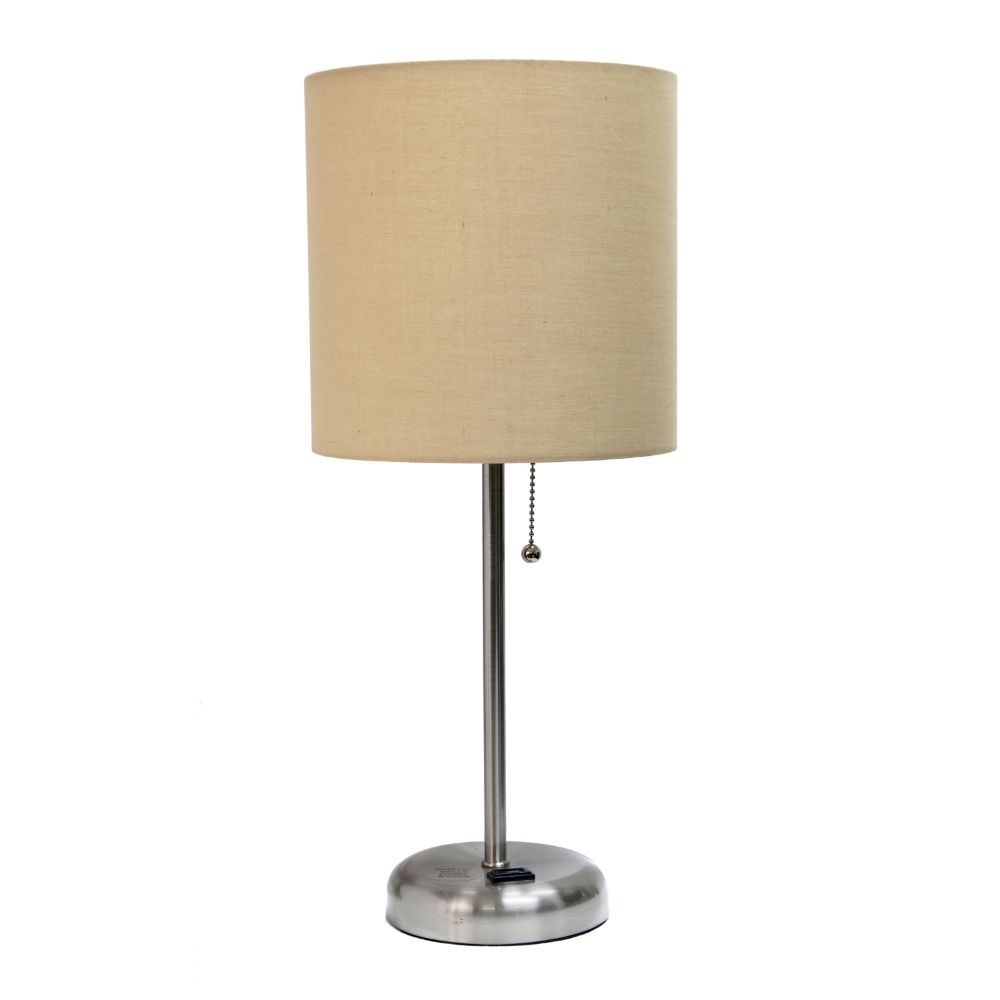 All The Rages CWT-2009-TN Creekwood Home Oslo 19.5" Contemporary Bedside Power Outlet Base Standard Metal Table Desk Lamp in Brushed Steel with Tan Drum Fabric Shade 