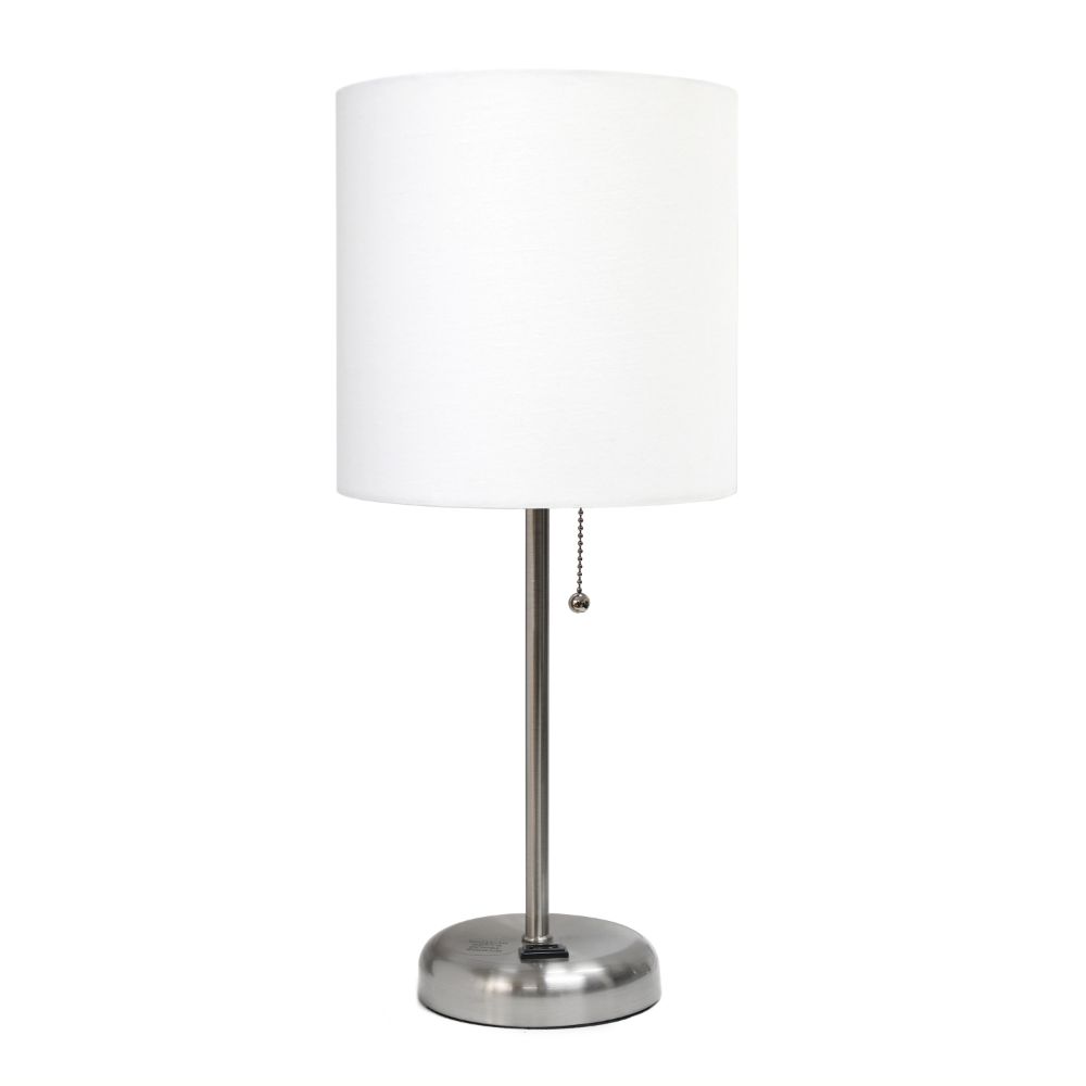 All The Rages CWT-2009-WH Creekwood Home Oslo 19.5" Contemporary Bedside Power Outlet Base Standard Metal Table Desk Lamp in Brushed Steel with White Drum Fabric Shade 