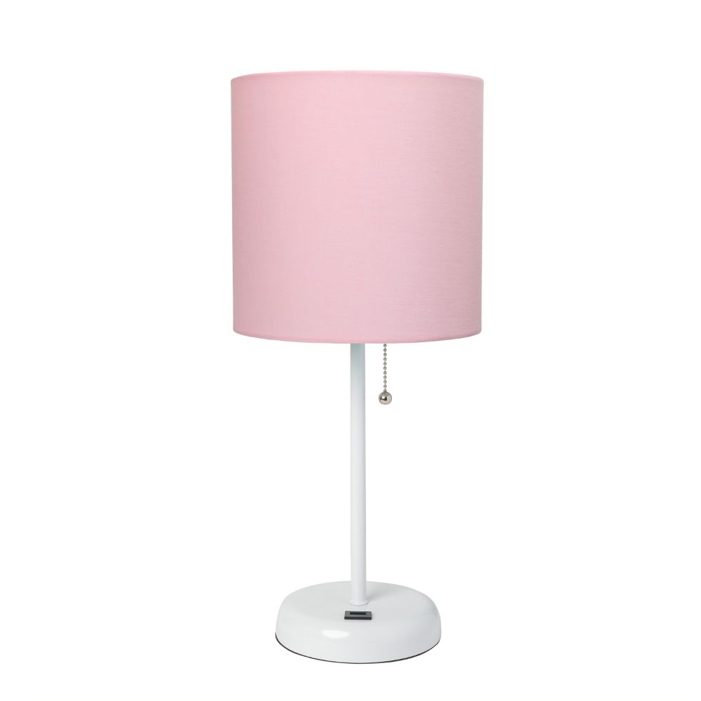 All The Rages CWT-2011-PO Creekwood Home Oslo 19.5" Contemporary Bedside USB Port Feature Standard Metal Table Desk Lamp in White with Light Pink Drum Fabric Shade 