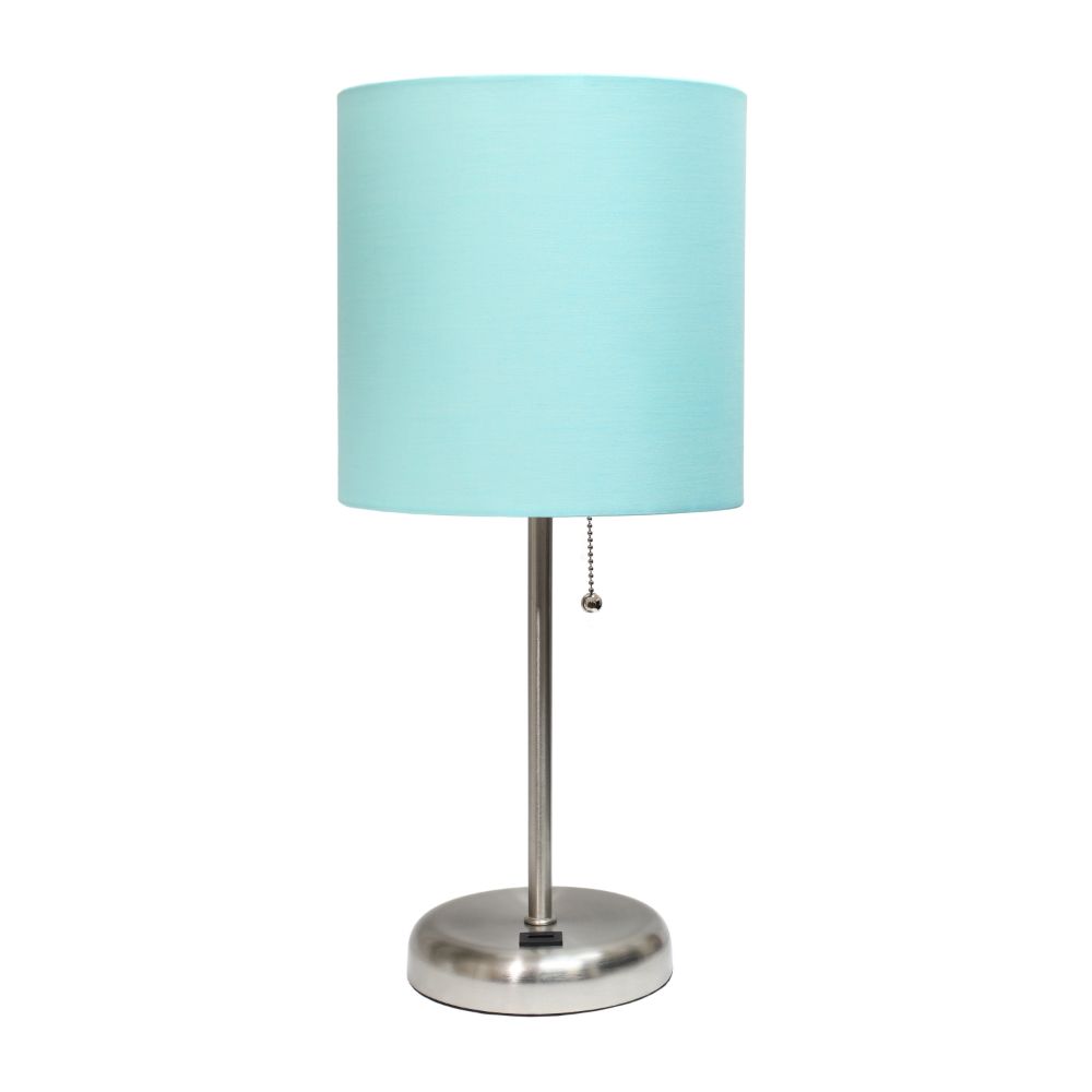 All The Rages CWT-2012-AU Creekwood Home Oslo 19.5" Contemporary Bedside USB Port Feature Standard Metal Table Desk Lamp in Brushed Steel with Aqua Drum Fabric Shade 