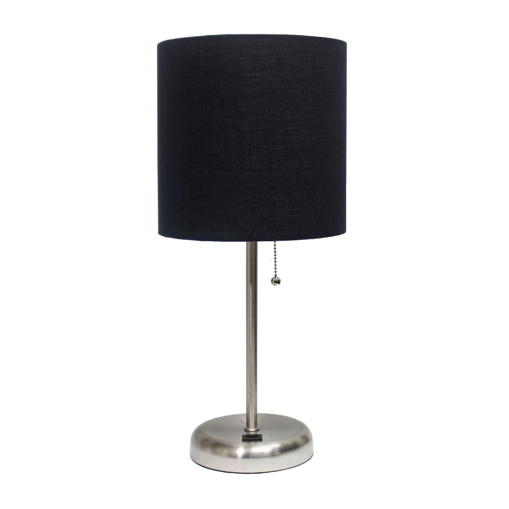 All The Rages CWT-2012-BK Creekwood Home Oslo 19.5" Contemporary Bedside USB Port Feature Standard Metal Table Desk Lamp in Brushed Steel with Black Drum Fabric Shade 