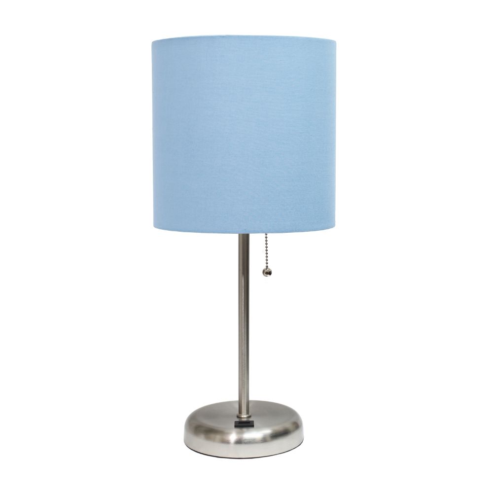 All The Rages CWT-2012-BL Creekwood Home Oslo 19.5" Contemporary Bedside USB Port Feature Standard Metal Table Desk Lamp in Brushed Steel with Blue Drum Fabric Shade 