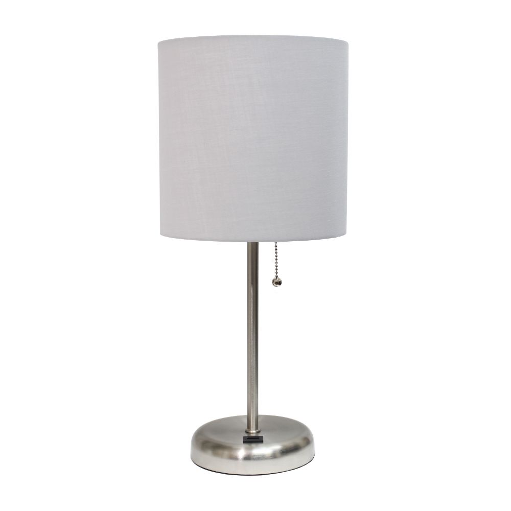 All The Rages CWT-2012-GY Creekwood Home Oslo 19.5" Contemporary Bedside USB Port Feature Standard Metal Table Desk Lamp in Brushed Steel with Gray Drum Fabric Shade 