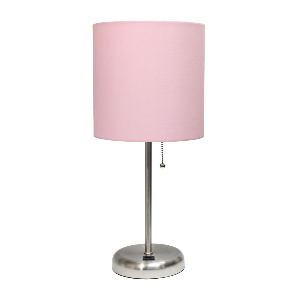 All The Rages CWT-2012-LP Creekwood Home Oslo 19.5" Contemporary Bedside USB Port Feature Standard Metal Table Desk Lamp in Brushed Steel with Light Pink Drum Fabric Shade 