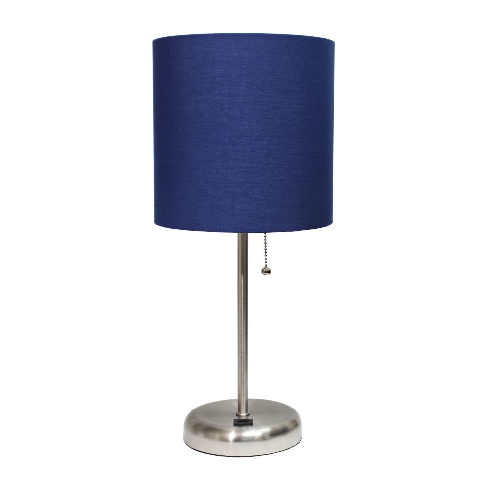 All The Rages CWT-2012-NV Creekwood Home Oslo 19.5" Contemporary Bedside USB Port Feature Standard Metal Table Desk Lamp in Brushed Steel with Navy Blue Drum Fabric Shade 